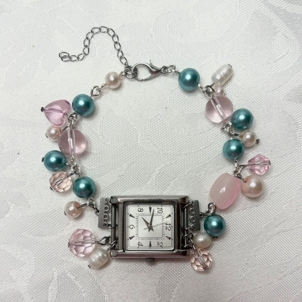 pink n blue working beaded watch bracelet