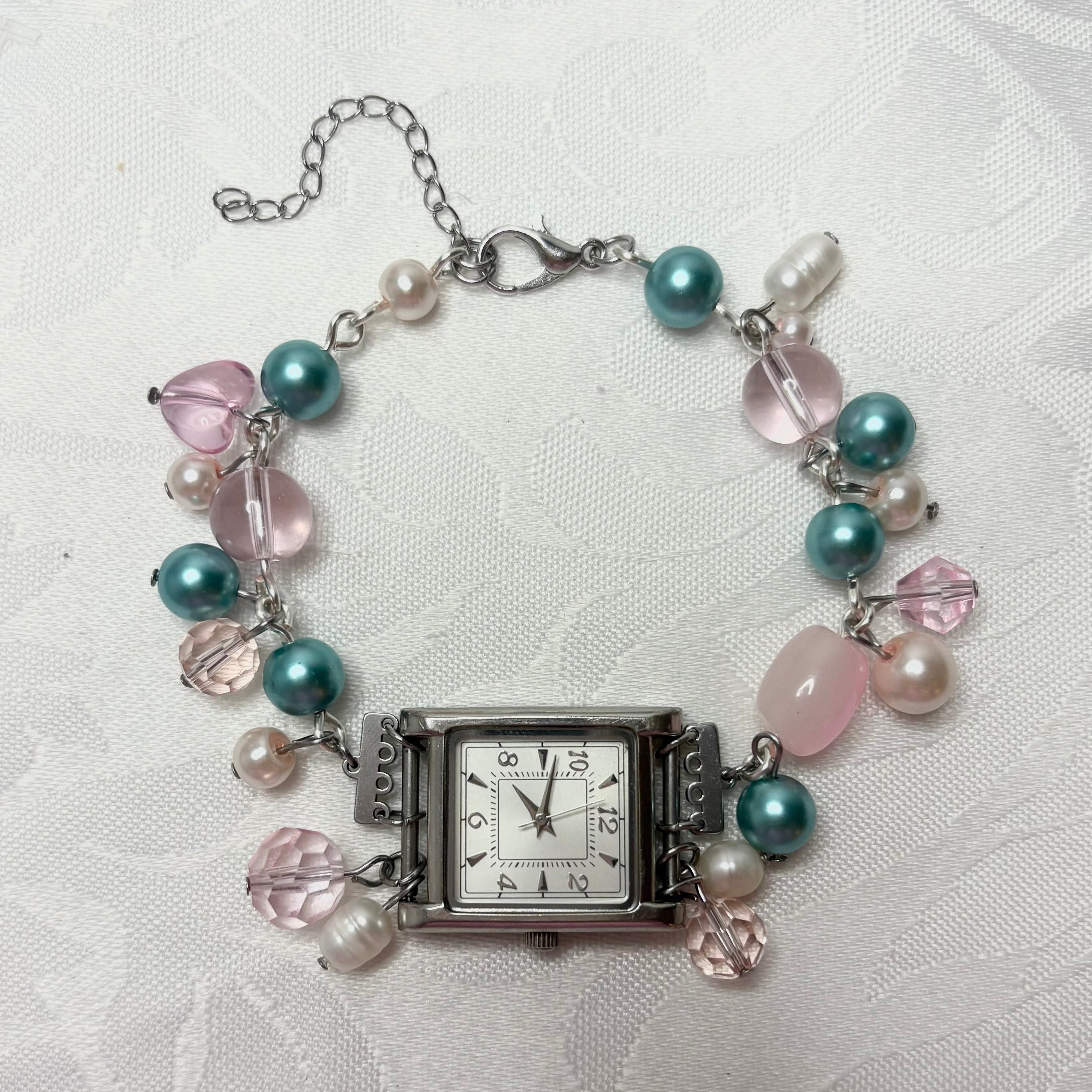 pink n blue working beaded watch bracelet