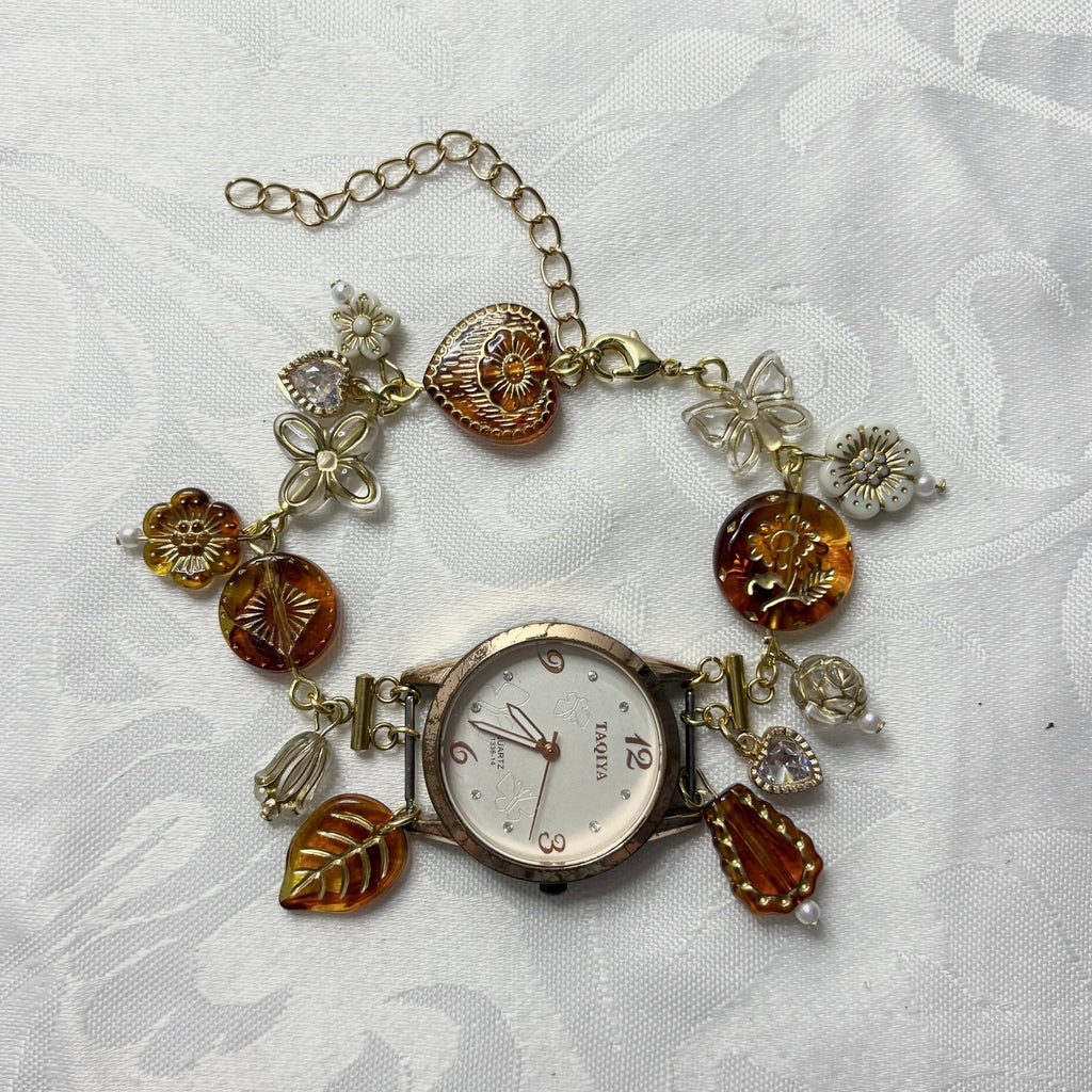 bronzed butterfly working beaded watch bracelet