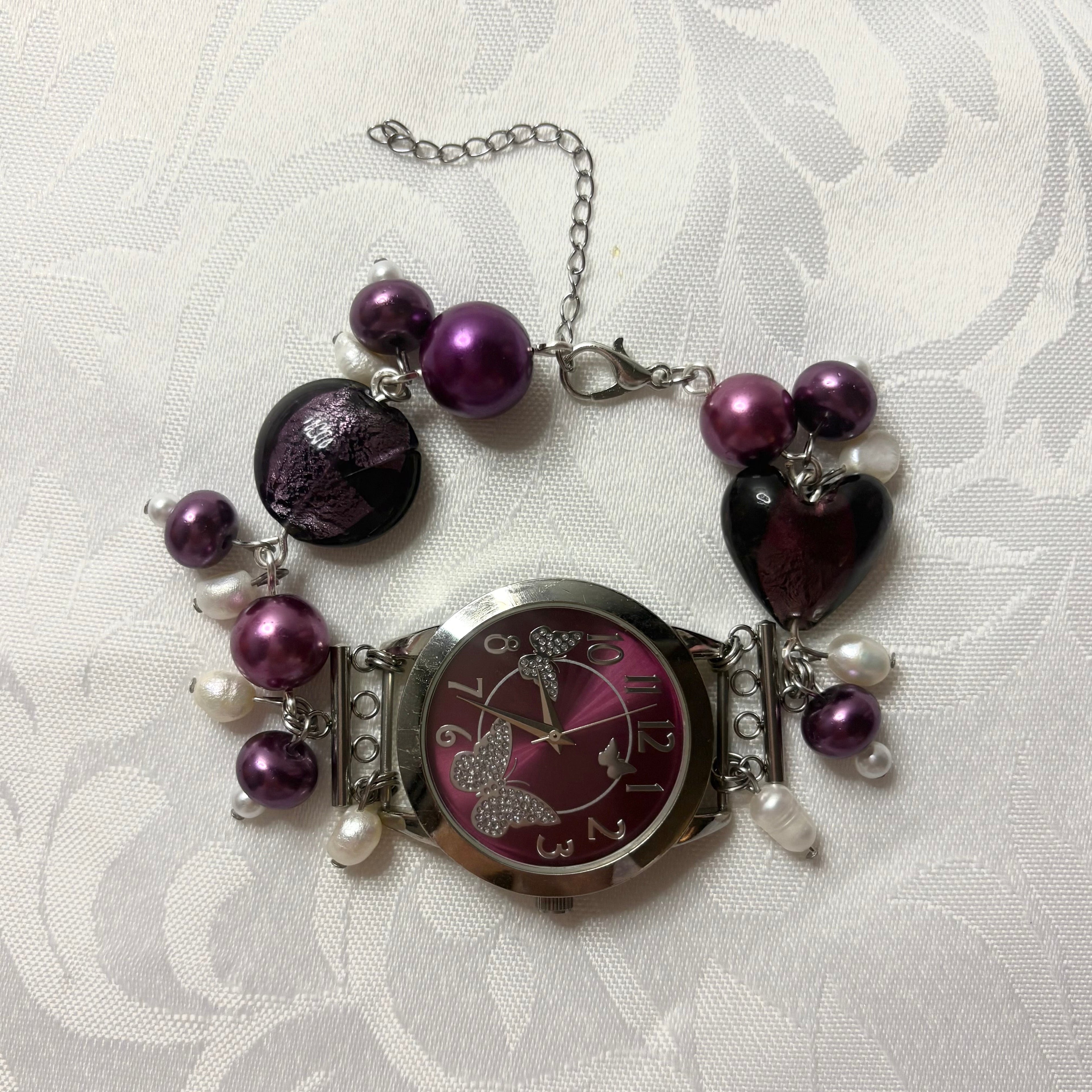 purple butterfly beaded working watch bracelet