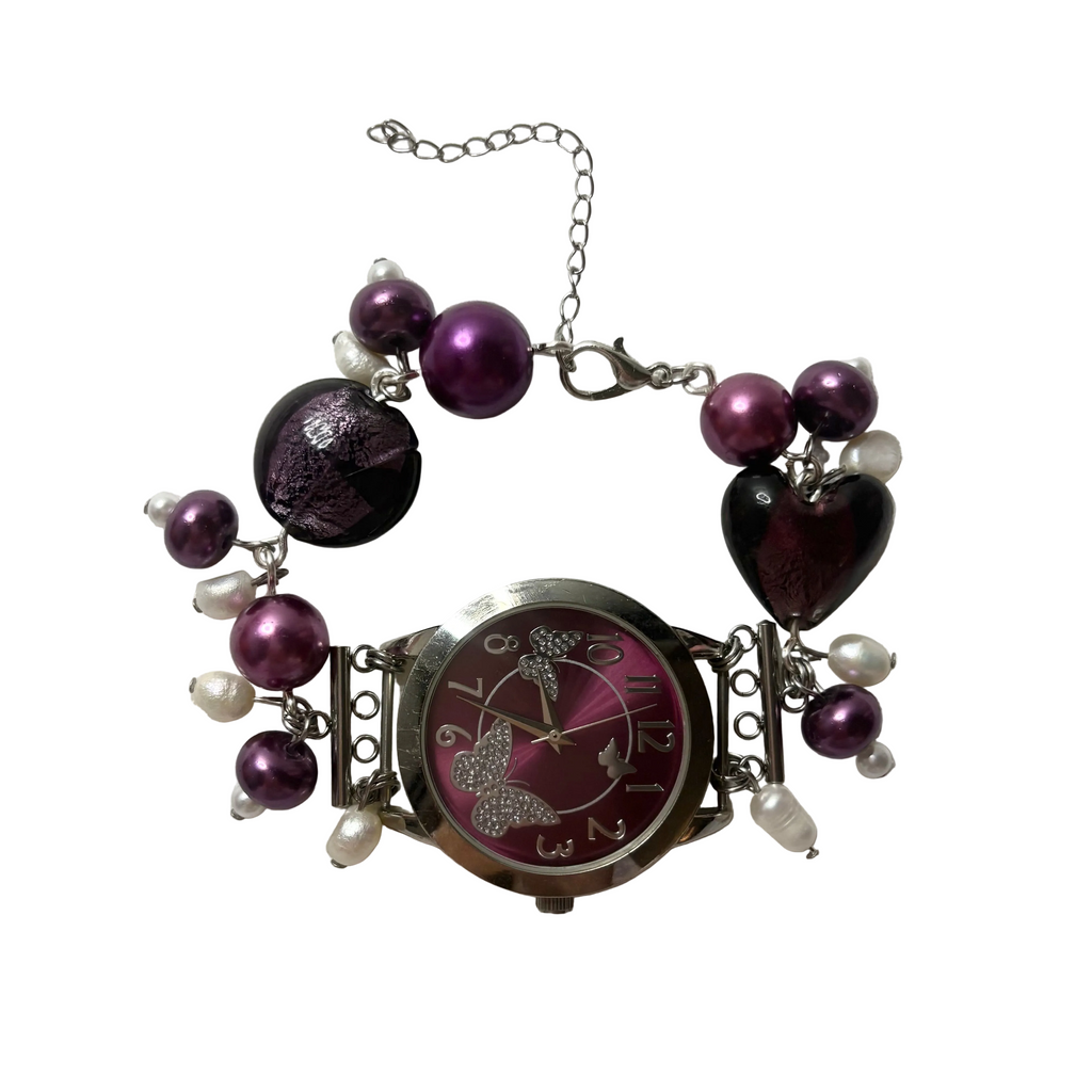 purple butterfly beaded working watch bracelet