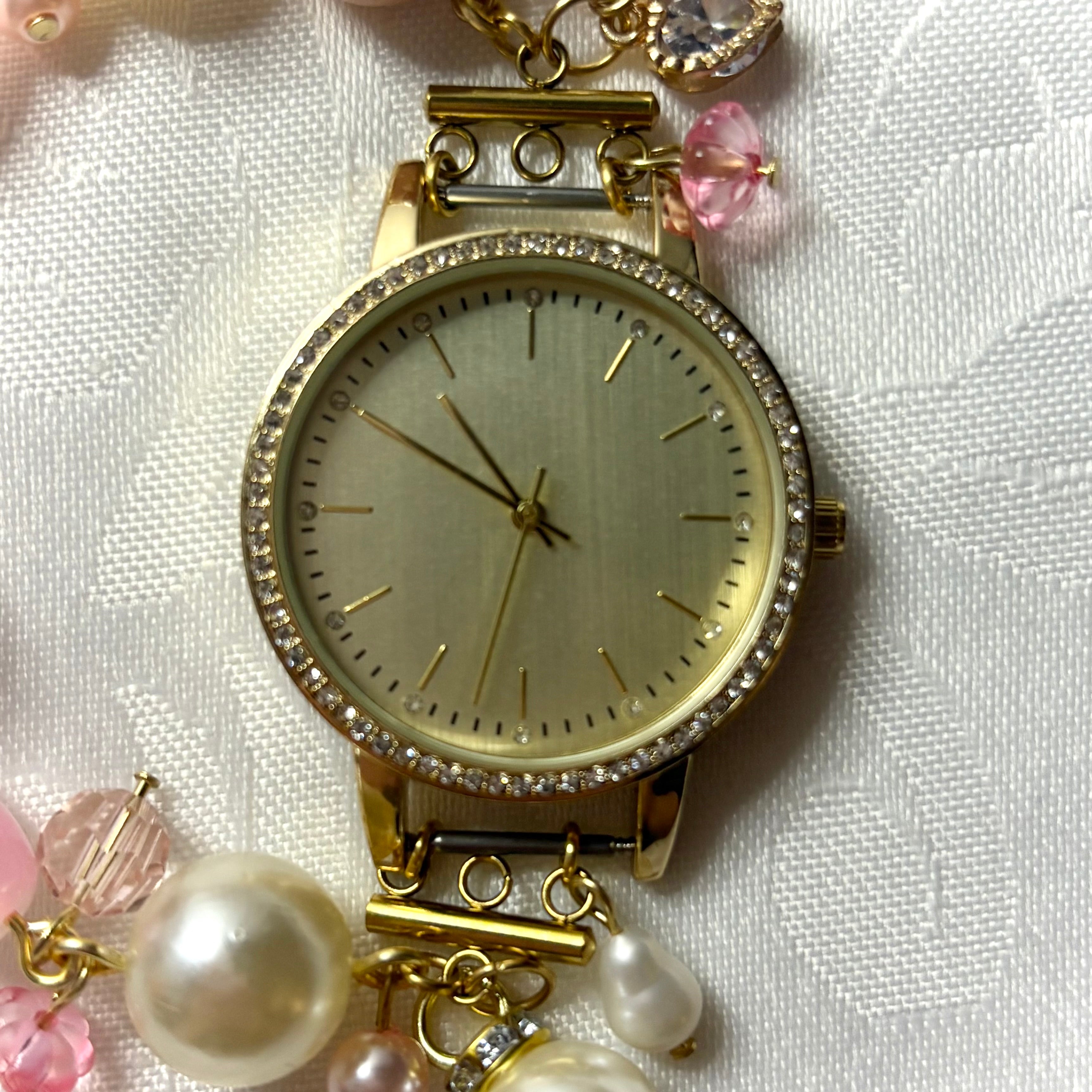pink lady working beaded watch bracelet