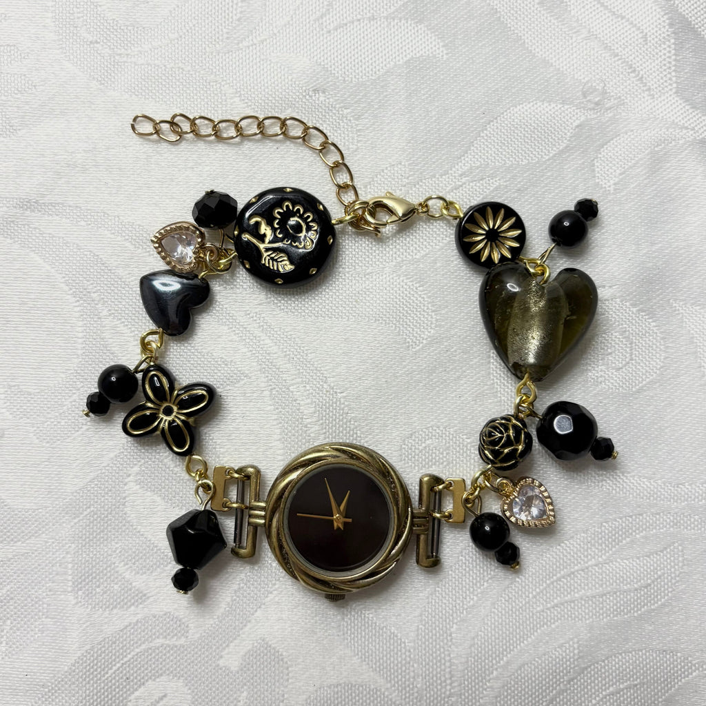 midnight black working beaded watch bracelet
