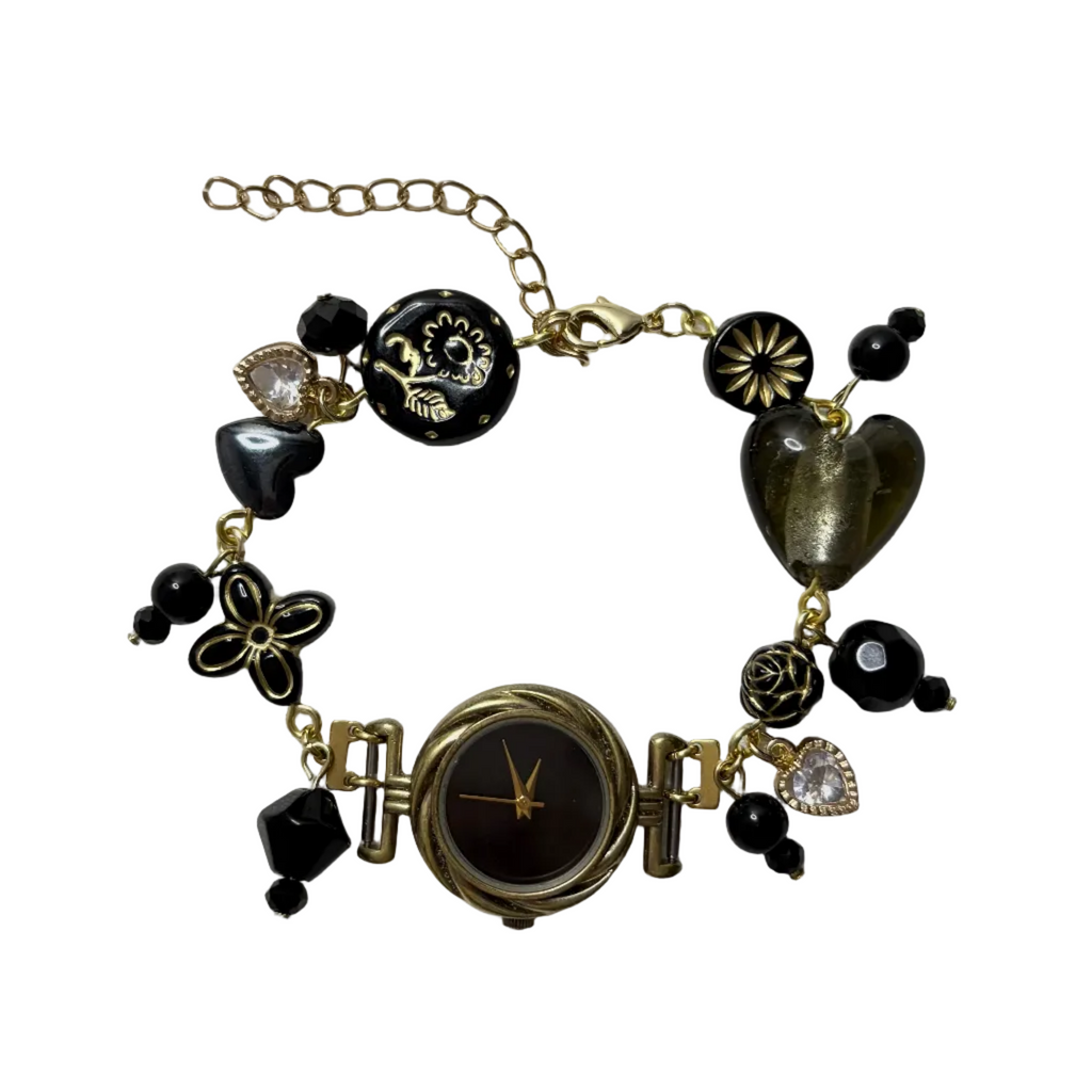 midnight black working beaded watch bracelet