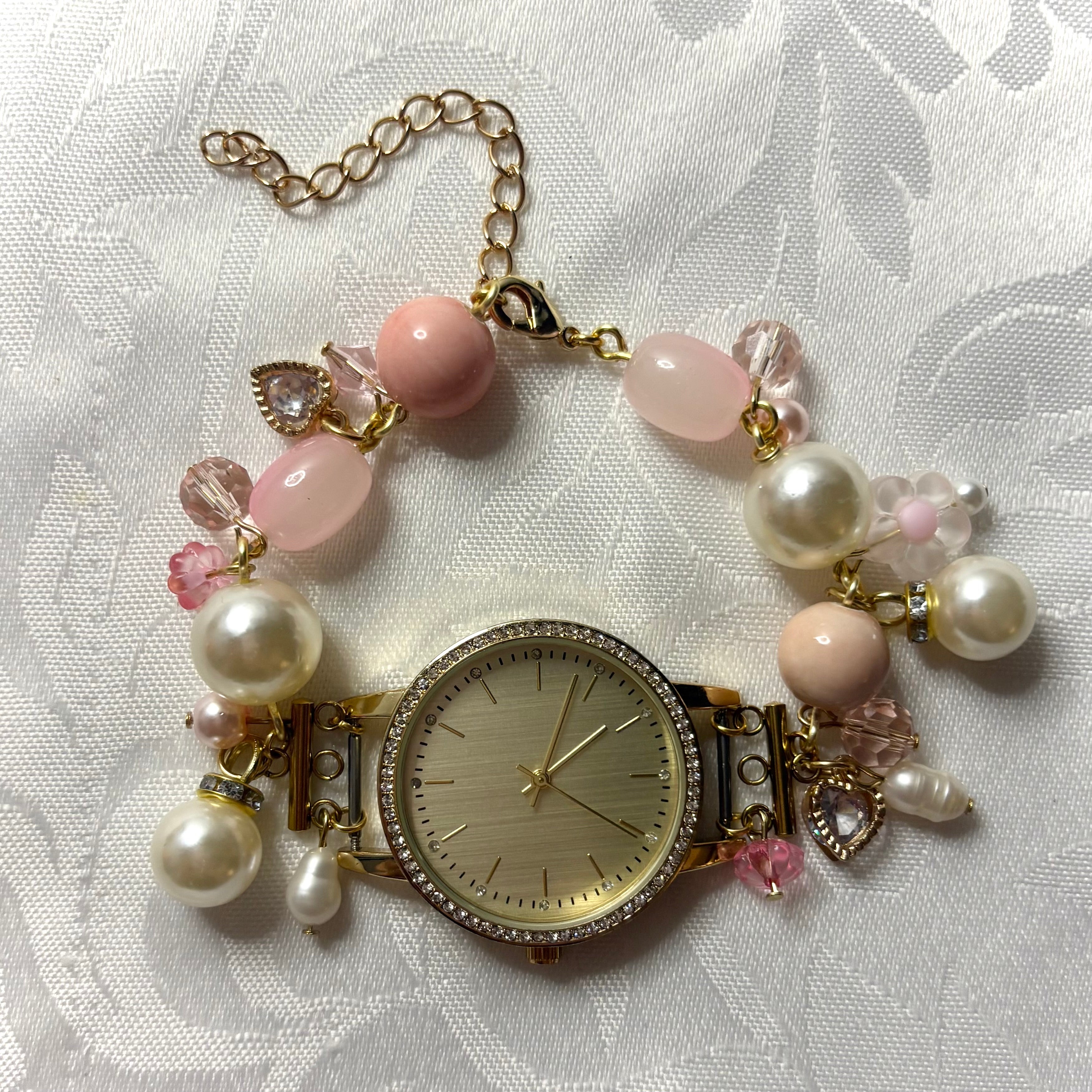 pink lady working beaded watch bracelet