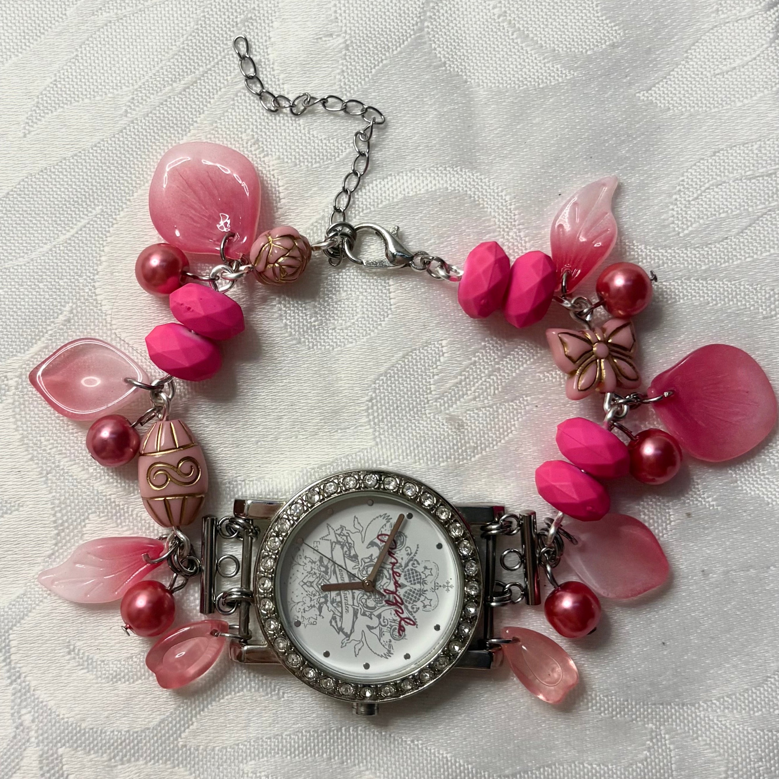 hot pink fairy working beaded watch bracelet