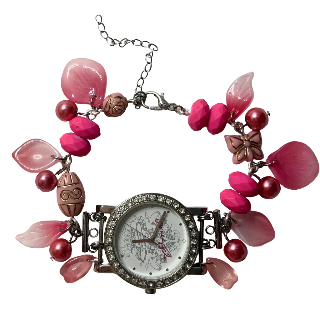 hot pink fairy working beaded watch bracelet