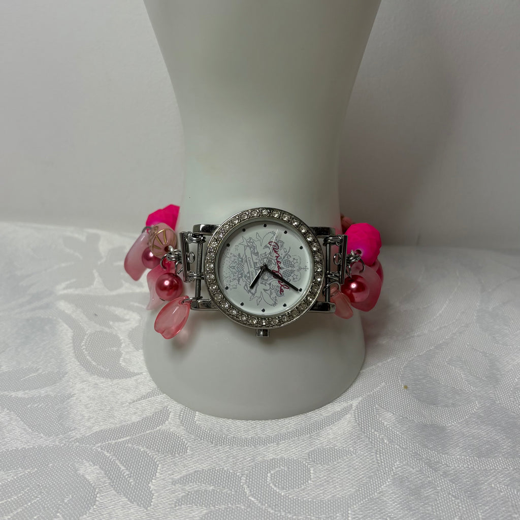 hot pink fairy working beaded watch bracelet