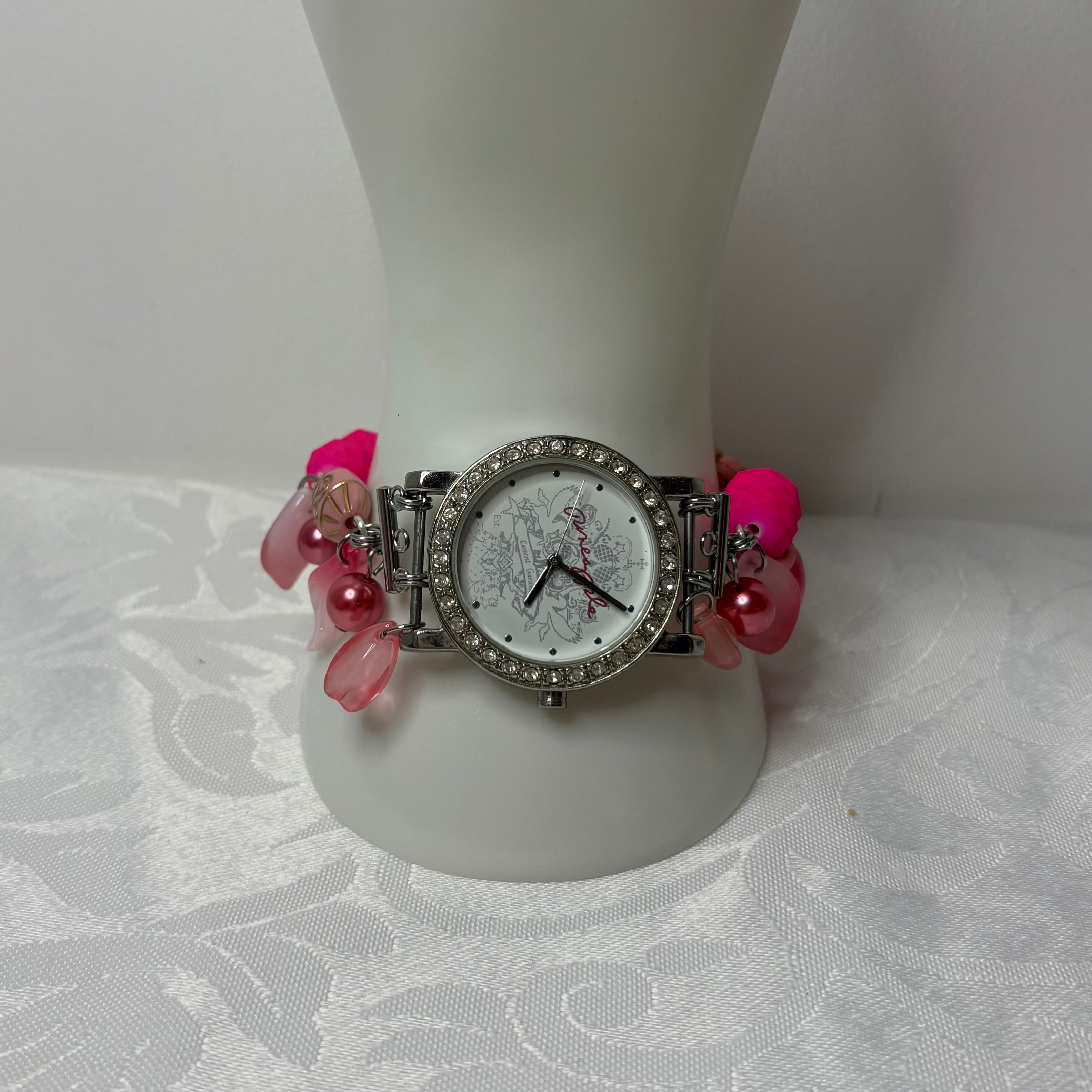 hot pink fairy working beaded watch bracelet